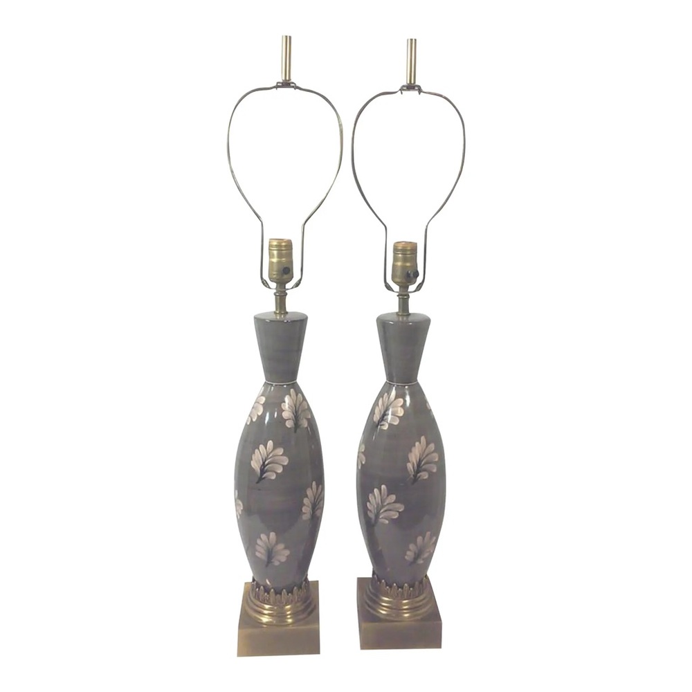 Hollywood Regency Gray Pink Floral Table Lamps-A Pair
